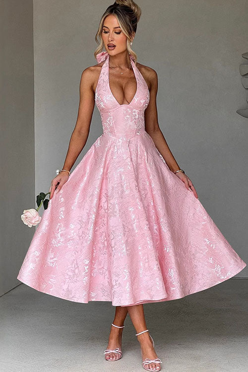 Floral jacquard halter midi dress with a plunging neckline and a full flared skirt