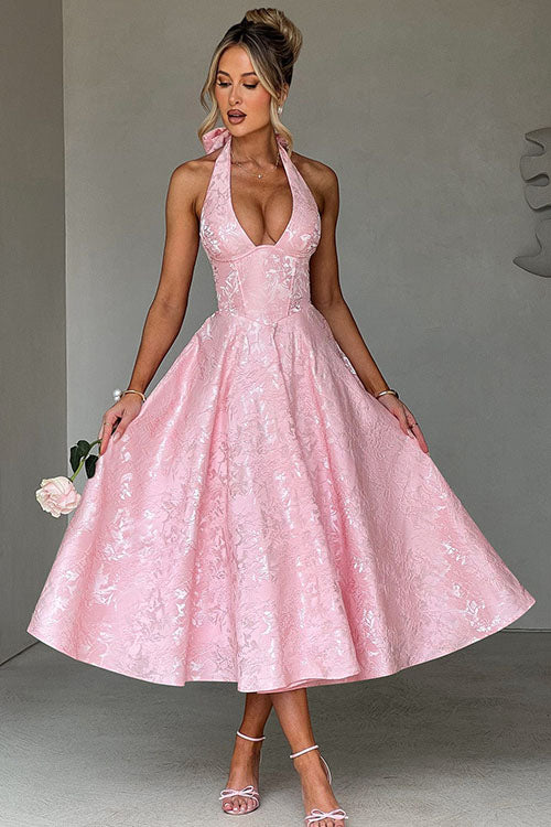 Floral jacquard halter midi dress with a plunging neckline and a full flared skirt - view 11