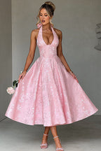 Floral jacquard halter midi dress with a plunging neckline and a full flared skirt - view 11