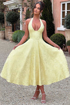 Floral jacquard halter midi dress with a plunging neckline and a full flared skirt - view 12