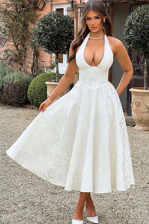 Floral jacquard halter midi dress with a plunging neckline and a full flared skirt - view 13