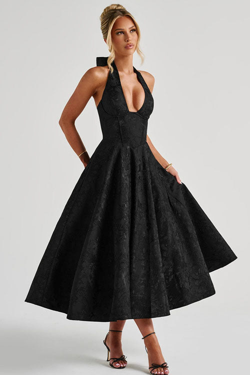 Floral jacquard halter midi dress with a plunging neckline and a full flared skirt - view 14