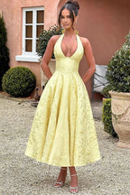 Floral jacquard halter midi dress with a plunging neckline and a full flared skirt - view 17