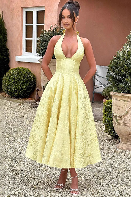 Floral jacquard halter midi dress with a plunging neckline and a full flared skirt - view 17