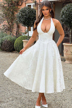 Floral jacquard halter midi dress with a plunging neckline and a full flared skirt - view 18