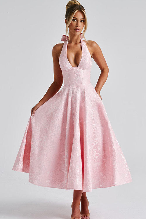 Floral jacquard halter midi dress with a plunging neckline and a full flared skirt - view 21