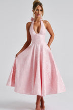 Floral jacquard halter midi dress with a plunging neckline and a full flared skirt - view 21