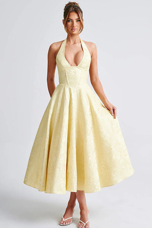 Floral jacquard halter midi dress with a plunging neckline and a full flared skirt - view 22