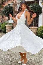 Floral jacquard halter midi dress with a plunging neckline and a full flared skirt - view 23