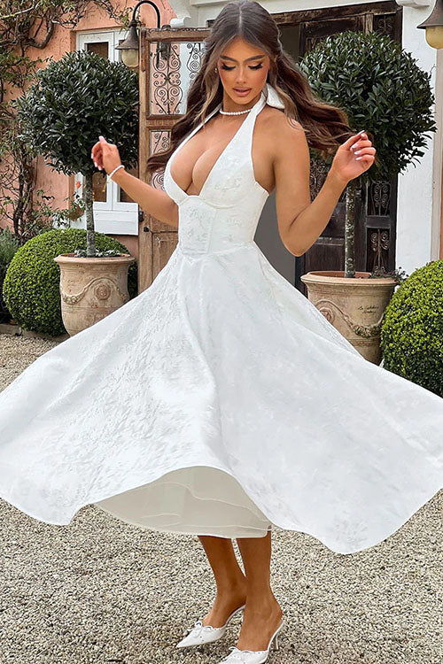 Floral jacquard halter midi dress with a plunging neckline and a full flared skirt - view 23