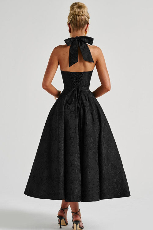 Floral jacquard halter midi dress with a plunging neckline and a full flared skirt - view 24