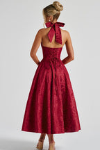 Floral jacquard halter midi dress with a plunging neckline and a full flared skirt - view 25