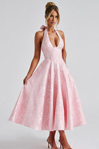 Floral jacquard halter midi dress with a plunging neckline and a full flared skirt - view 26