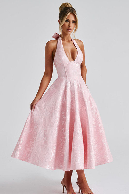 Floral jacquard halter midi dress with a plunging neckline and a full flared skirt - view 26