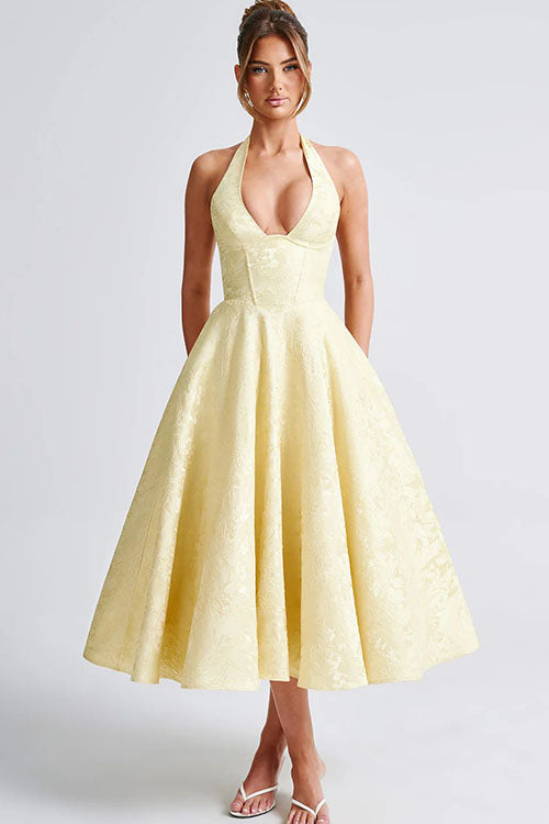Floral jacquard halter midi dress with a plunging neckline and a full flared skirt - view 27
