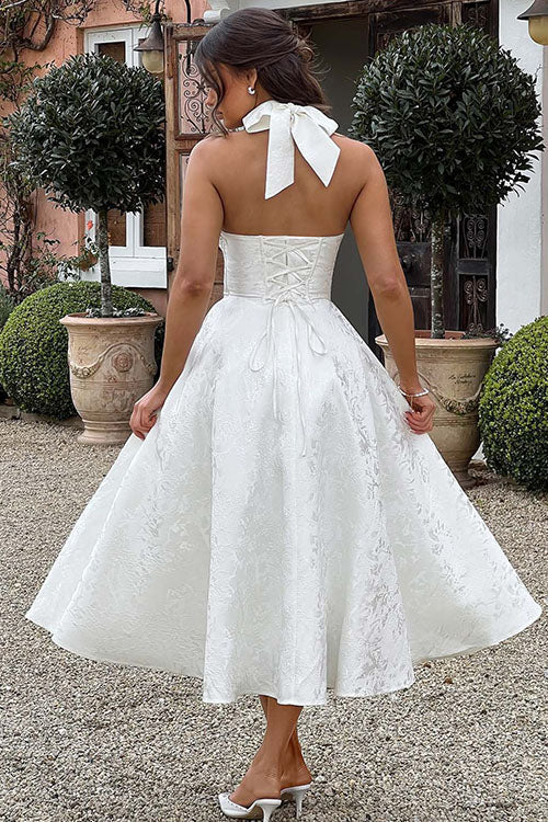 Floral jacquard halter midi dress with a plunging neckline and a full flared skirt - view 28