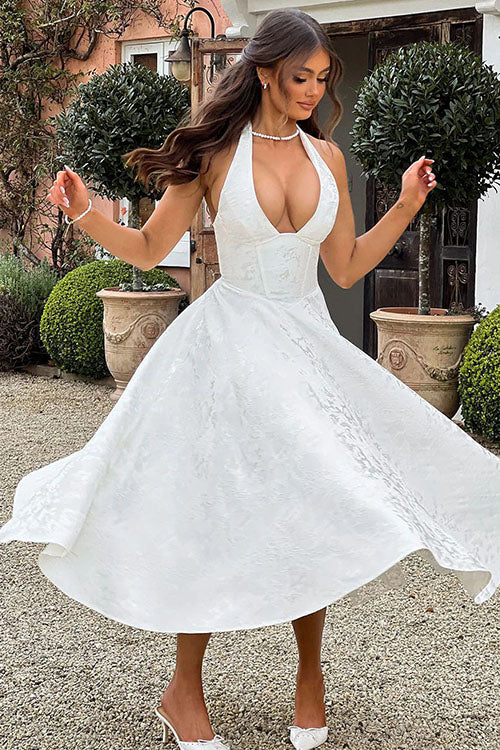 Floral jacquard halter midi dress with a plunging neckline and a full flared skirt - view 29