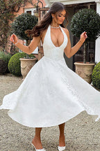 Floral jacquard halter midi dress with a plunging neckline and a full flared skirt - view 29