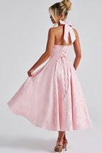 Floral jacquard halter midi dress with a plunging neckline and a full flared skirt - view 30