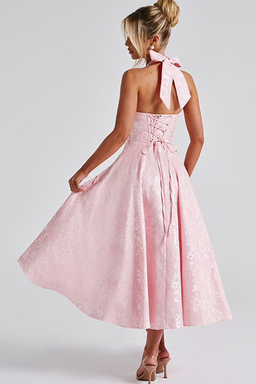 Floral jacquard halter midi dress with a plunging neckline and a full flared skirt - view 30
