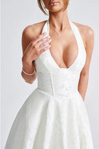 Floral jacquard halter midi dress with a plunging neckline and a full flared skirt - view 32
