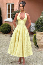Floral jacquard halter midi dress with a plunging neckline and a full flared skirt - view 33