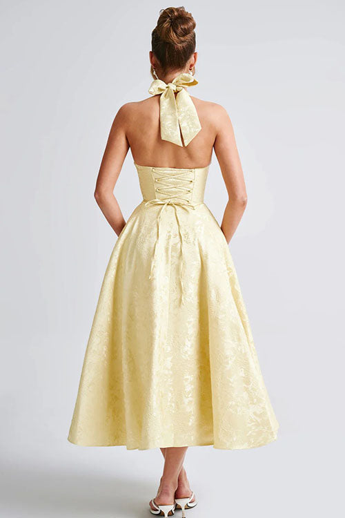 Floral jacquard halter midi dress with a plunging neckline and a full flared skirt - view 34