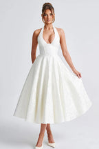 Floral jacquard halter midi dress with a plunging neckline and a full flared skirt - view 35