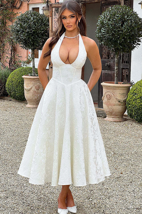 Floral jacquard halter midi dress with a plunging neckline and a full flared skirt - view 36