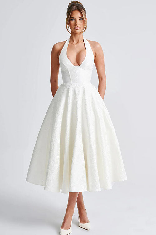 Floral jacquard halter midi dress with a plunging neckline and a full flared skirt - view 37