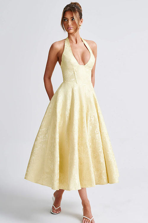 Floral jacquard halter midi dress with a plunging neckline and a full flared skirt - view 38
