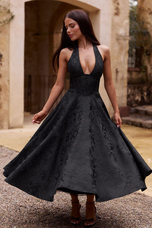 Floral jacquard halter midi dress with a plunging neckline and a full flared skirt - view 4