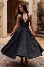 Floral jacquard halter midi dress with a plunging neckline and a full flared skirt - view 4