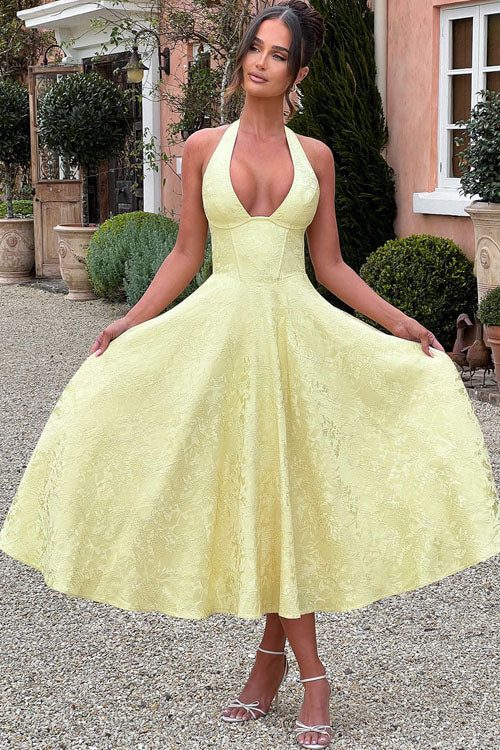 Floral jacquard halter midi dress with a plunging neckline and a full flared skirt - view 40