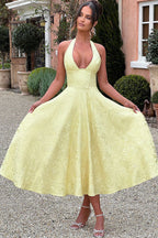Floral jacquard halter midi dress with a plunging neckline and a full flared skirt - view 40