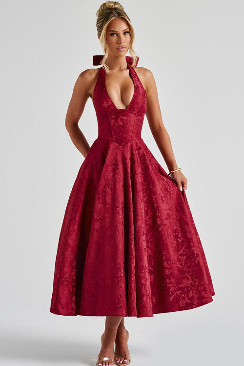 Floral jacquard halter midi dress with a plunging neckline and a full flared skirt - view 5