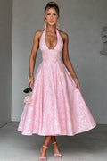 Floral jacquard halter midi dress with a plunging neckline and a full flared skirt - view 6