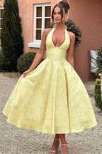 Floral jacquard halter midi dress with a plunging neckline and a full flared skirt - view 7