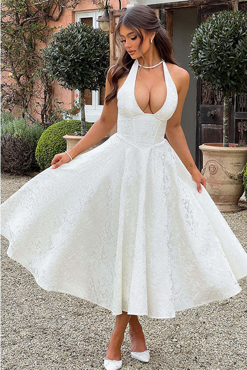 Floral jacquard halter midi dress with a plunging neckline and a full flared skirt - view 8