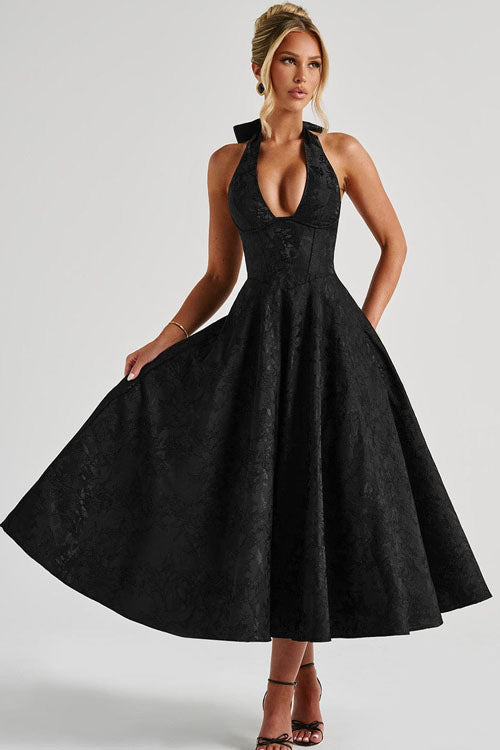 Floral jacquard halter midi dress with a plunging neckline and a full flared skirt - view 9