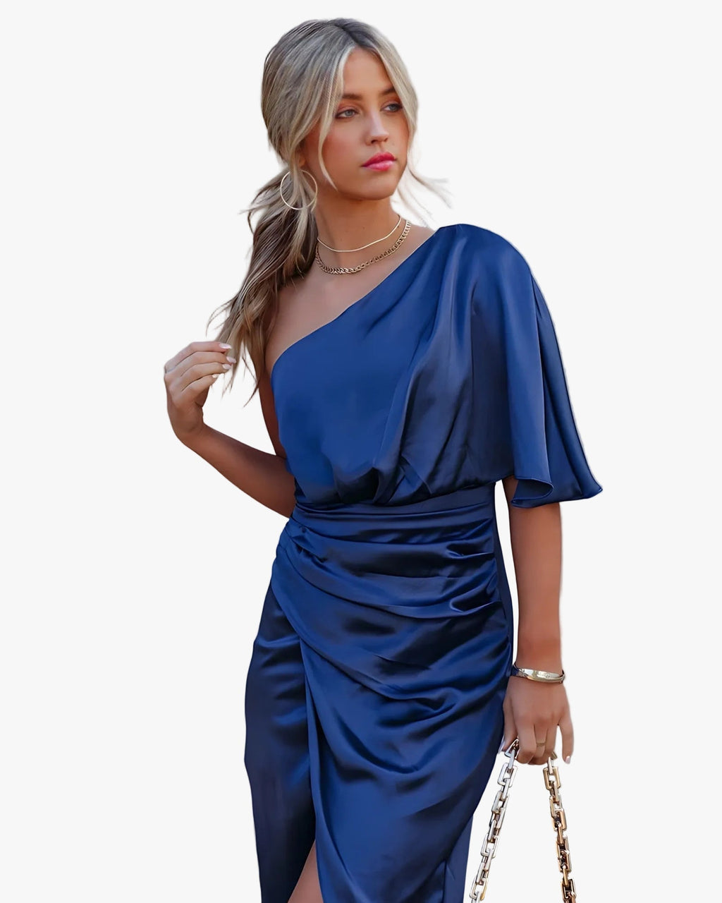 One-shoulder satin cocktail midi dress with flutter sleeve, ruched waist and wrap slit skirt