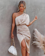 One-shoulder satin cocktail midi dress with flutter sleeve, ruched waist and wrap slit skirt - view 10