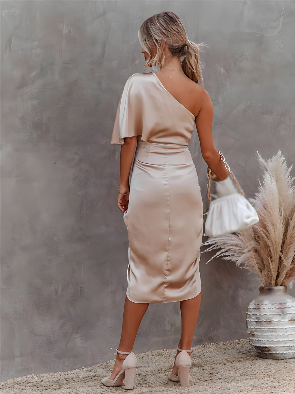 One-shoulder satin cocktail midi dress with flutter sleeve, ruched waist and wrap slit skirt - view 12
