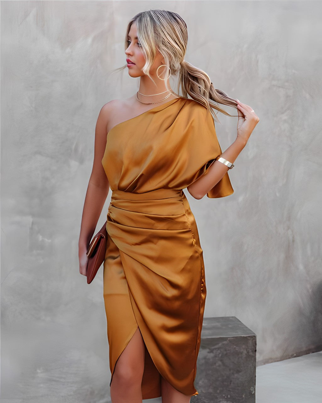 One-shoulder satin cocktail midi dress with flutter sleeve, ruched waist and wrap slit skirt - view 16