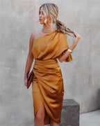 One-shoulder satin cocktail midi dress with flutter sleeve, ruched waist and wrap slit skirt - view 16