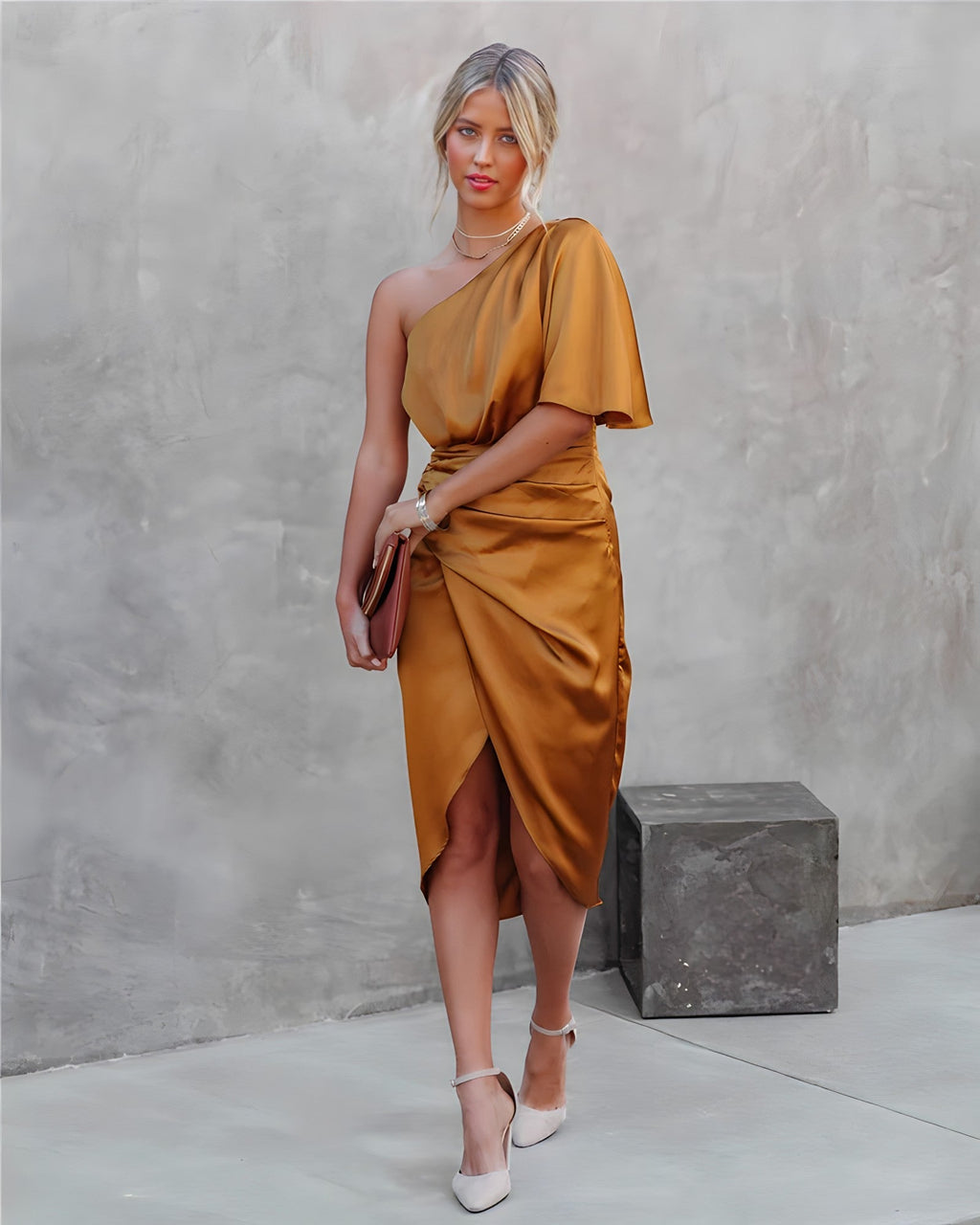 One-shoulder satin cocktail midi dress with flutter sleeve, ruched waist and wrap slit skirt - view 18