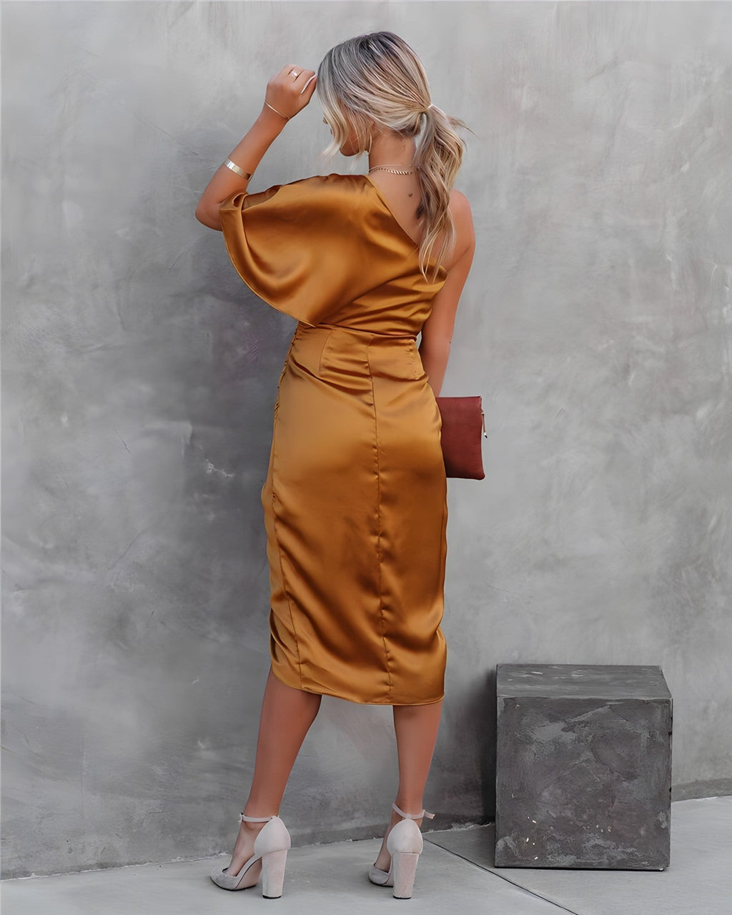 One-shoulder satin cocktail midi dress with flutter sleeve, ruched waist and wrap slit skirt - view 19