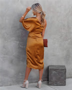 One-shoulder satin cocktail midi dress with flutter sleeve, ruched waist and wrap slit skirt - view 19