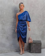 One-shoulder satin cocktail midi dress with flutter sleeve, ruched waist and wrap slit skirt - view 2