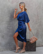 One-shoulder satin cocktail midi dress with flutter sleeve, ruched waist and wrap slit skirt - view 4